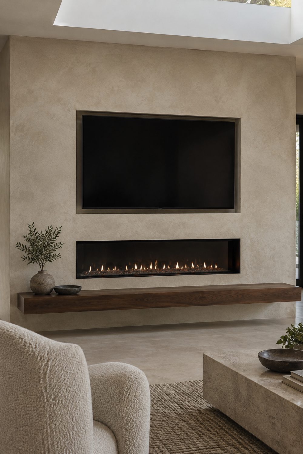 Greige limewash plaster wall with a linear gas fireplace and a TV set flush into a recessed niche above it