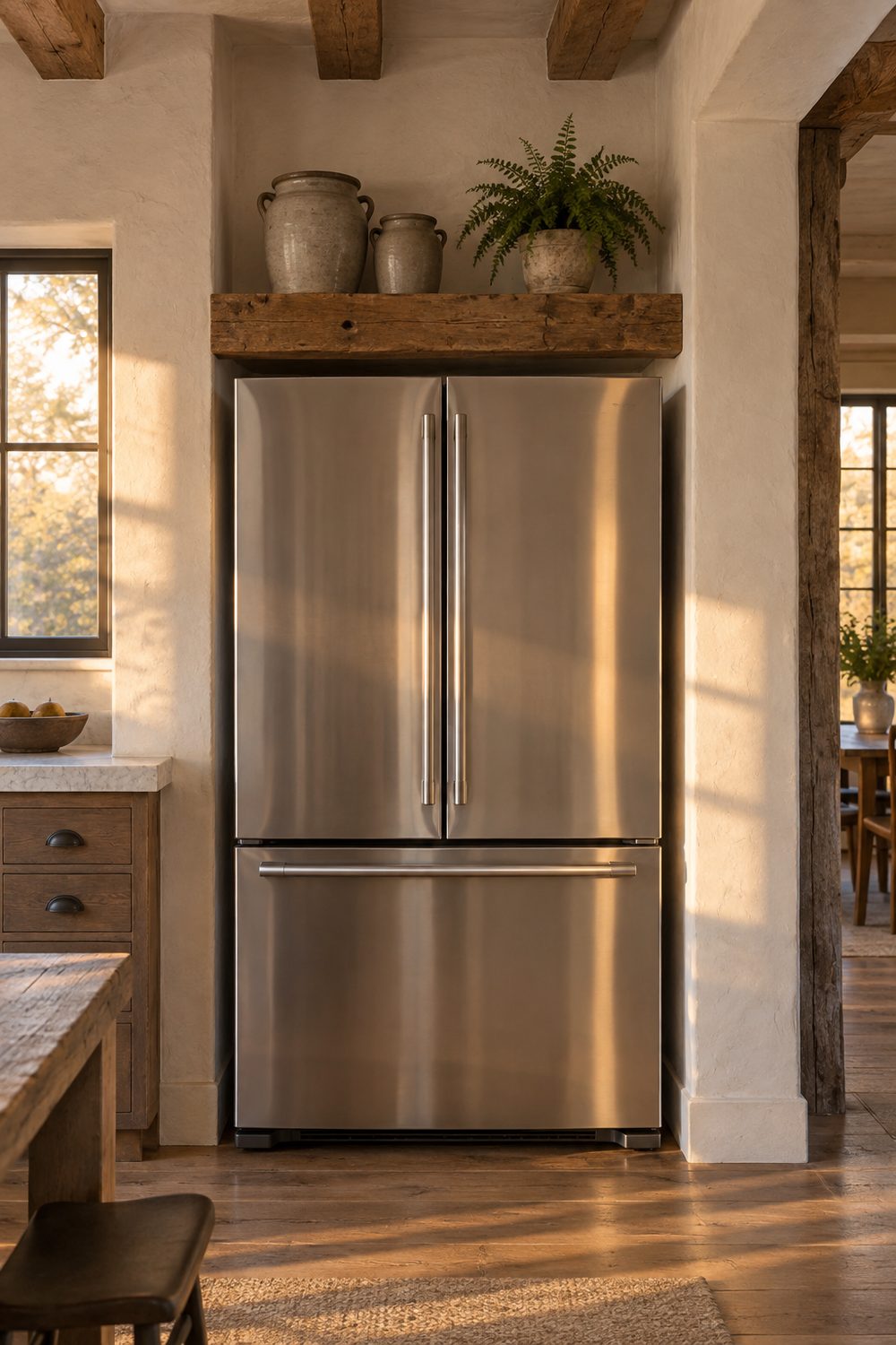 Thick reclaimed wood floating shelf with stoneware crocks and a fern above a stainless refrigerator on a white plaster wall