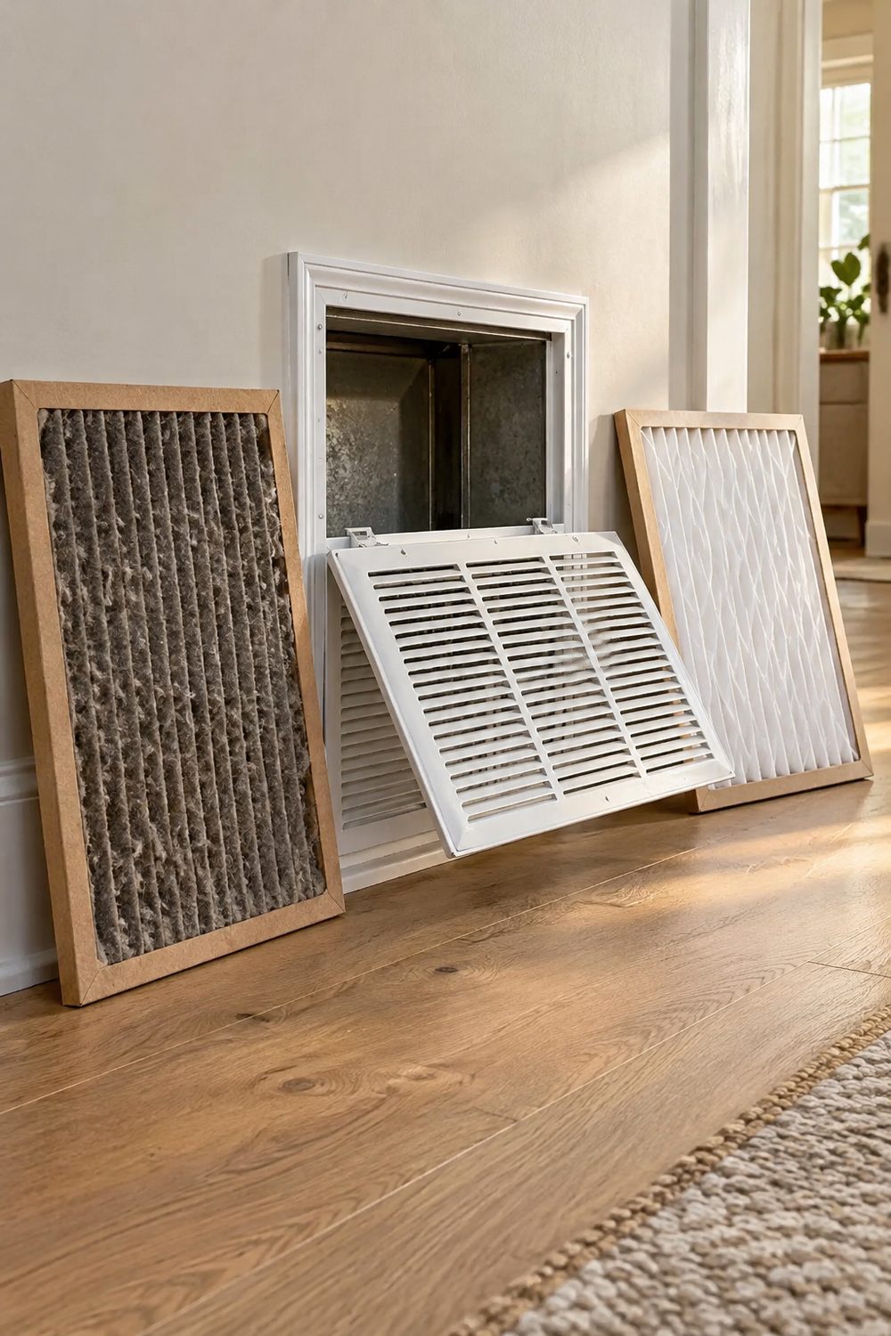 Dusty clogged pleated air filter and a clean white replacement filter leaning beside an open wall return grille on an oak floor