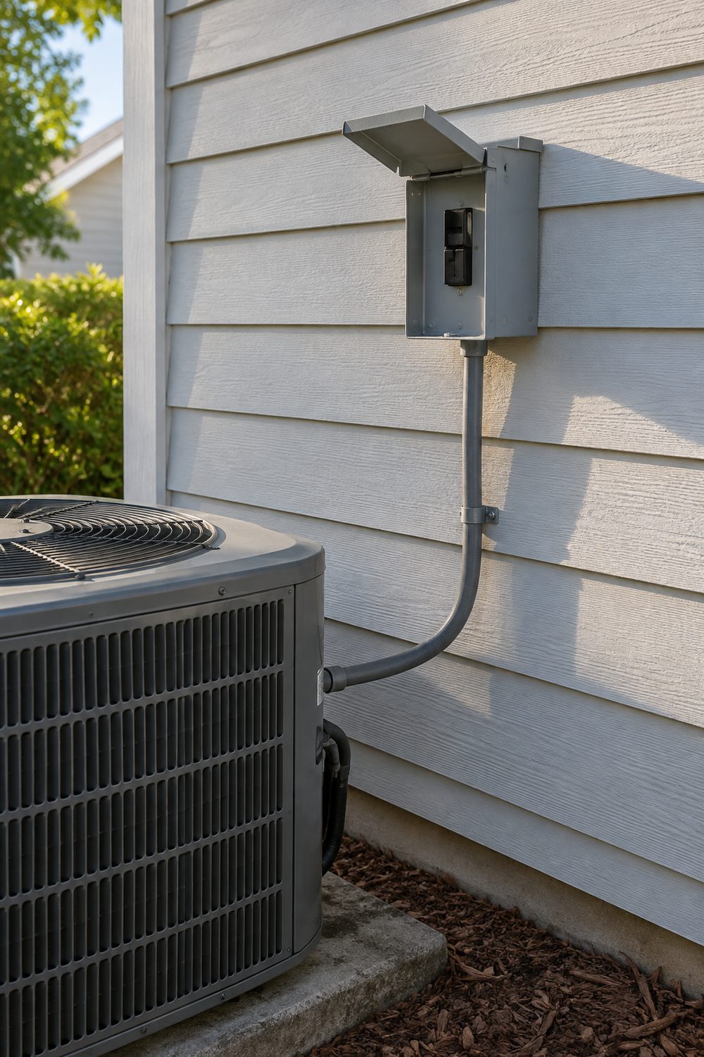Open gray outdoor AC disconnect box on pale gray lap siding with conduit running down to a central air conditioner condenser