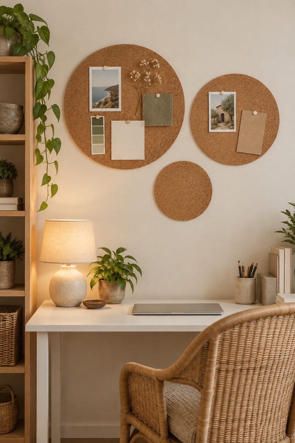 Three round cork boards in large, medium and small sizes arranged in a loose triangle on a white wall above a desk