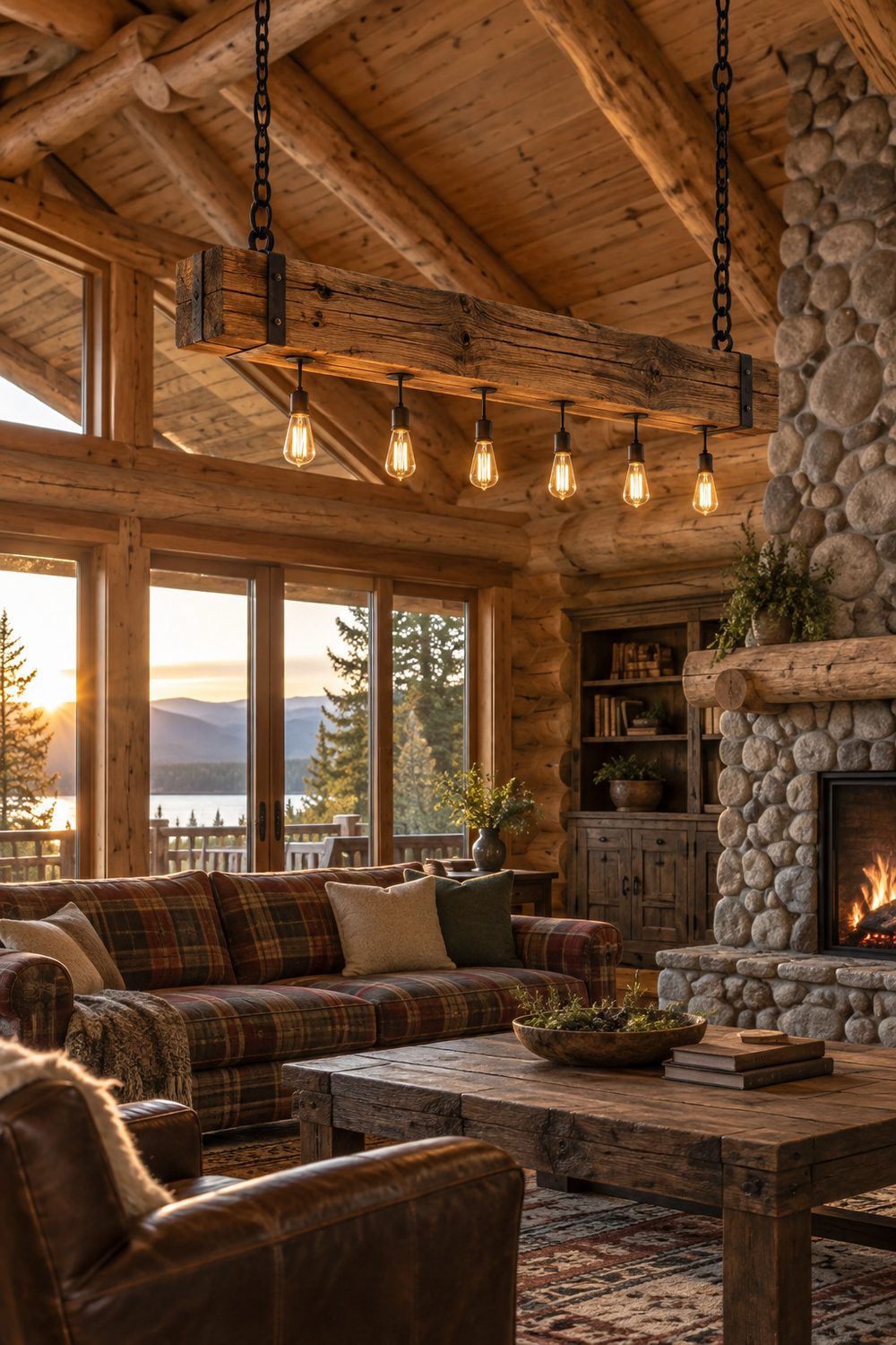 Reclaimed timber beam light fixture with Edison bulbs hanging on iron chains from log rafters in a vaulted cabin great room