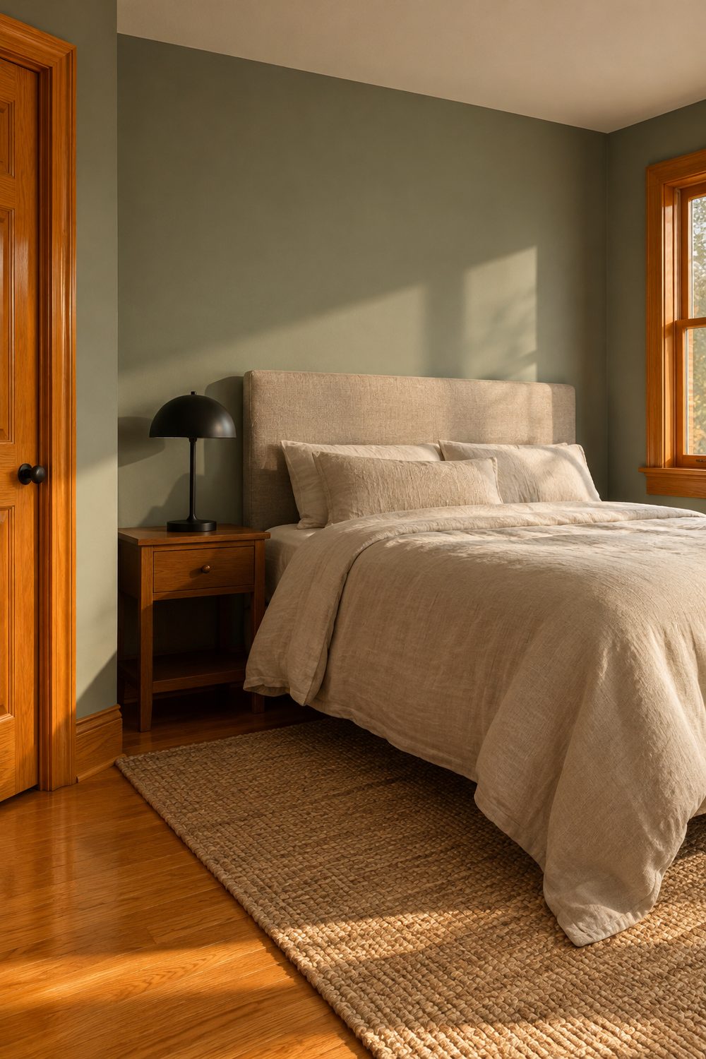 Bedroom with muted gray sage green walls, orange wood door and window trim, linen bedding and a matte black bedside lamp