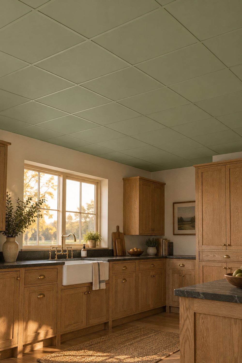 Farmhouse kitchen with soft sage green painted ceiling tiles and grid, oak cabinets, soapstone counters and unlacquered brass hardware