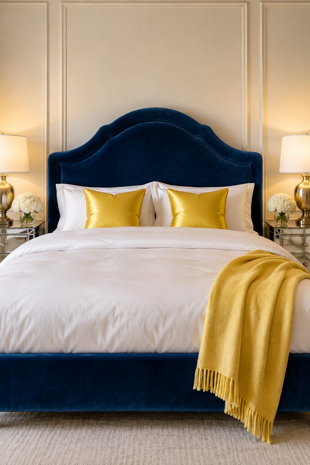 Sapphire blue velvet upholstered bed with curved headboard, white bedding, two yellow silk pillows and a yellow throw