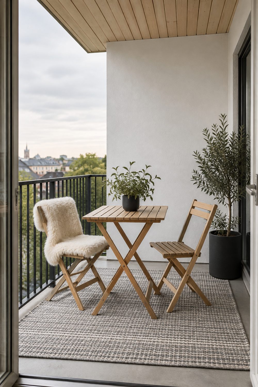 Pale wood folding table and two chairs on a grey woven rug with black planters on a Scandinavian style balcony