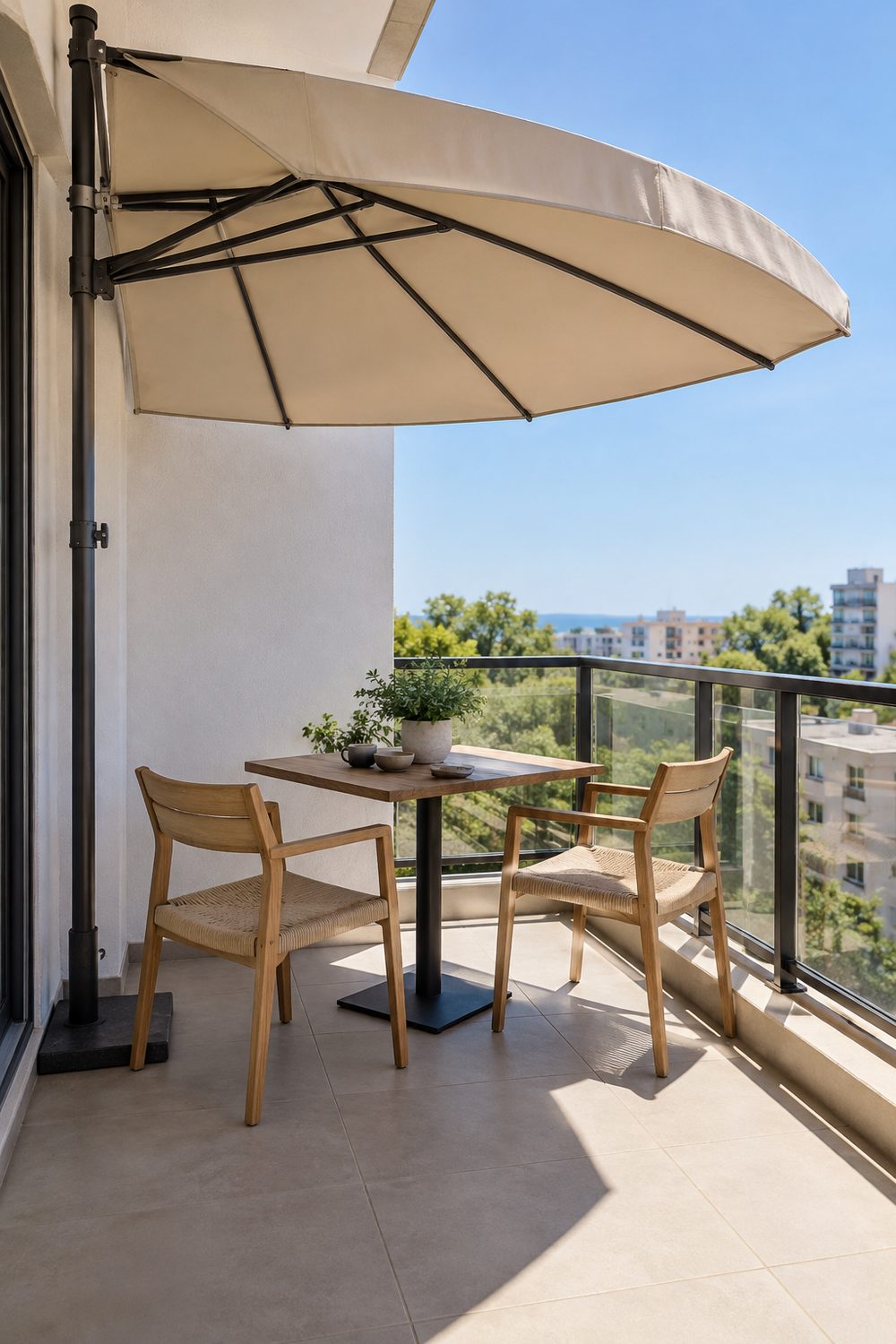 Sand colored half round side parasol shading a small table and two chairs on a sunny apartment balcony
