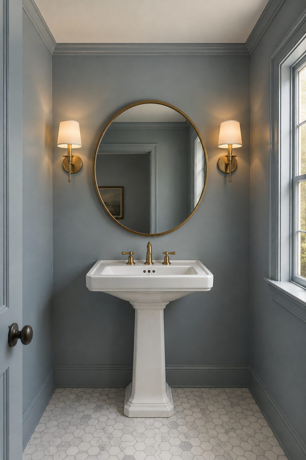 Small powder room with blue gray walls and matching narrow crown molding, white pedestal sink, round brass mirror and two brass sconces