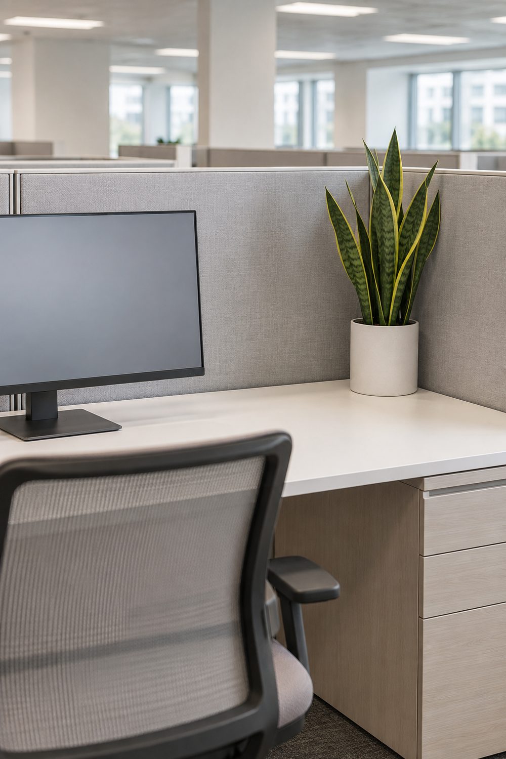 Single snake plant in a matte white ceramic planter on the back corner of a white desk inside a grey office cubicle