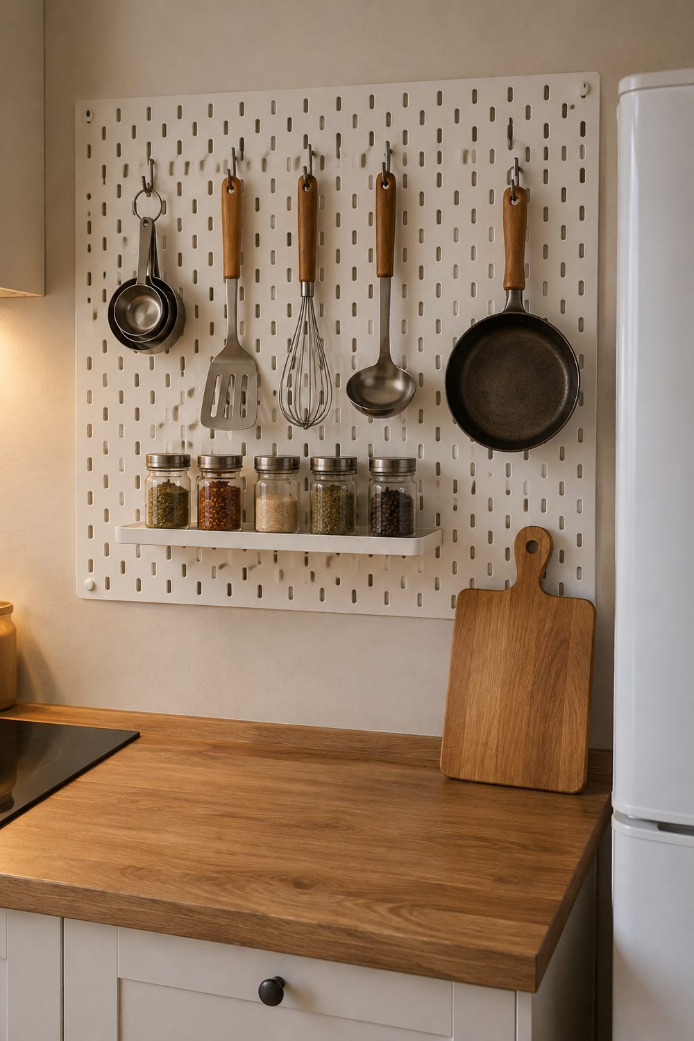White pegboard panel with oblong holes above a narrow kitchen counter beside a fridge, holding utensils, spice jars and a small pan