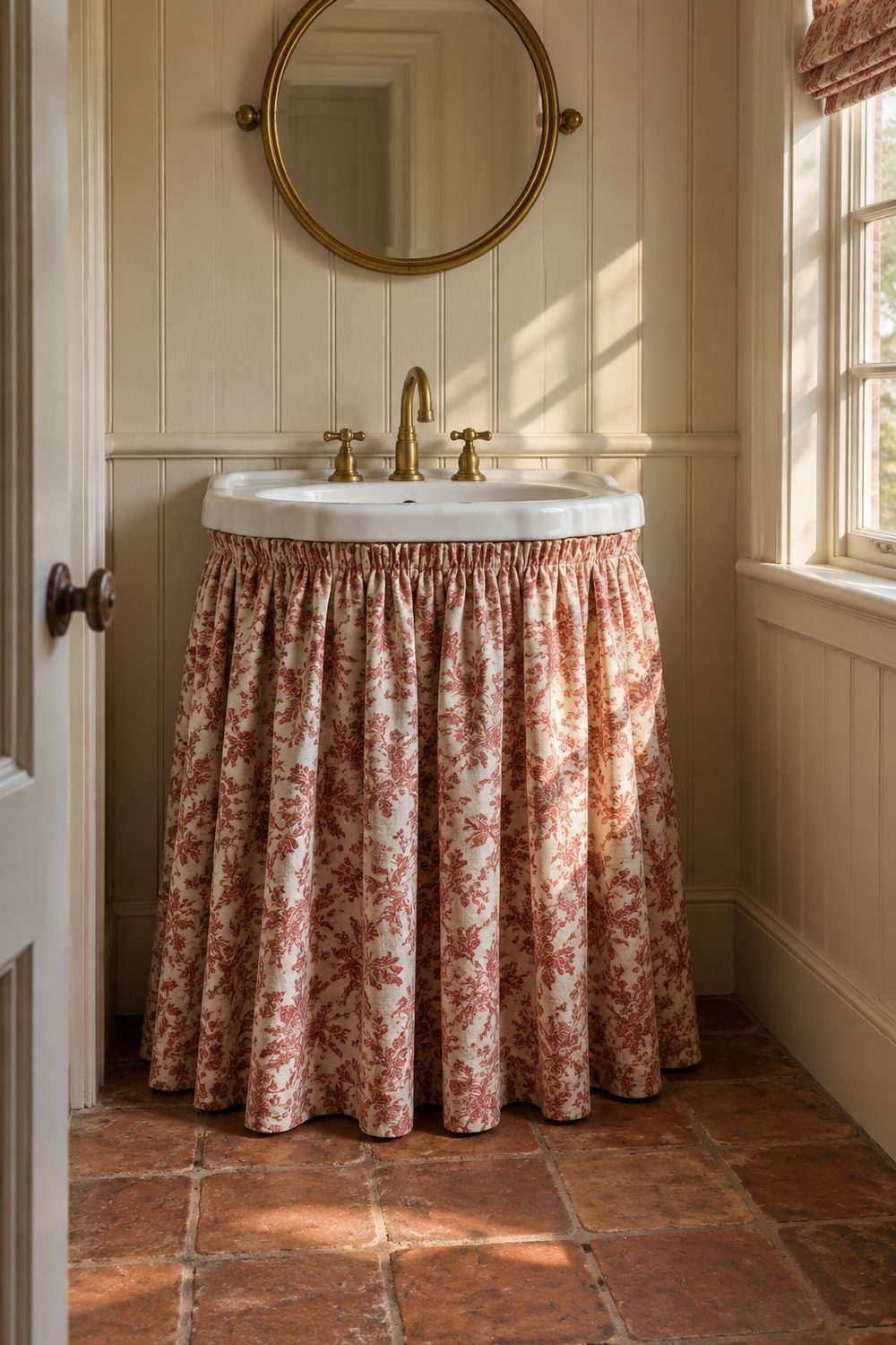White basin with a gathered red and cream floral sink skirt and a brass mirror in an English country bathroom