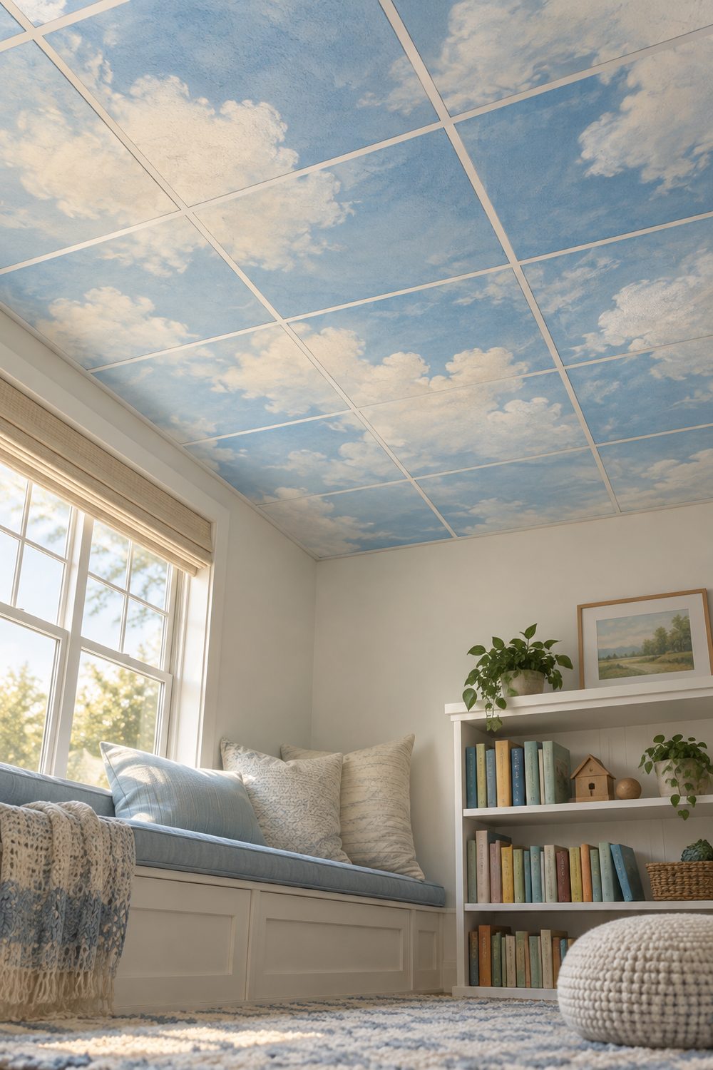 Child's reading nook with drop ceiling tiles hand painted as a pale blue sky with soft white clouds, cushioned bench and bookshelves