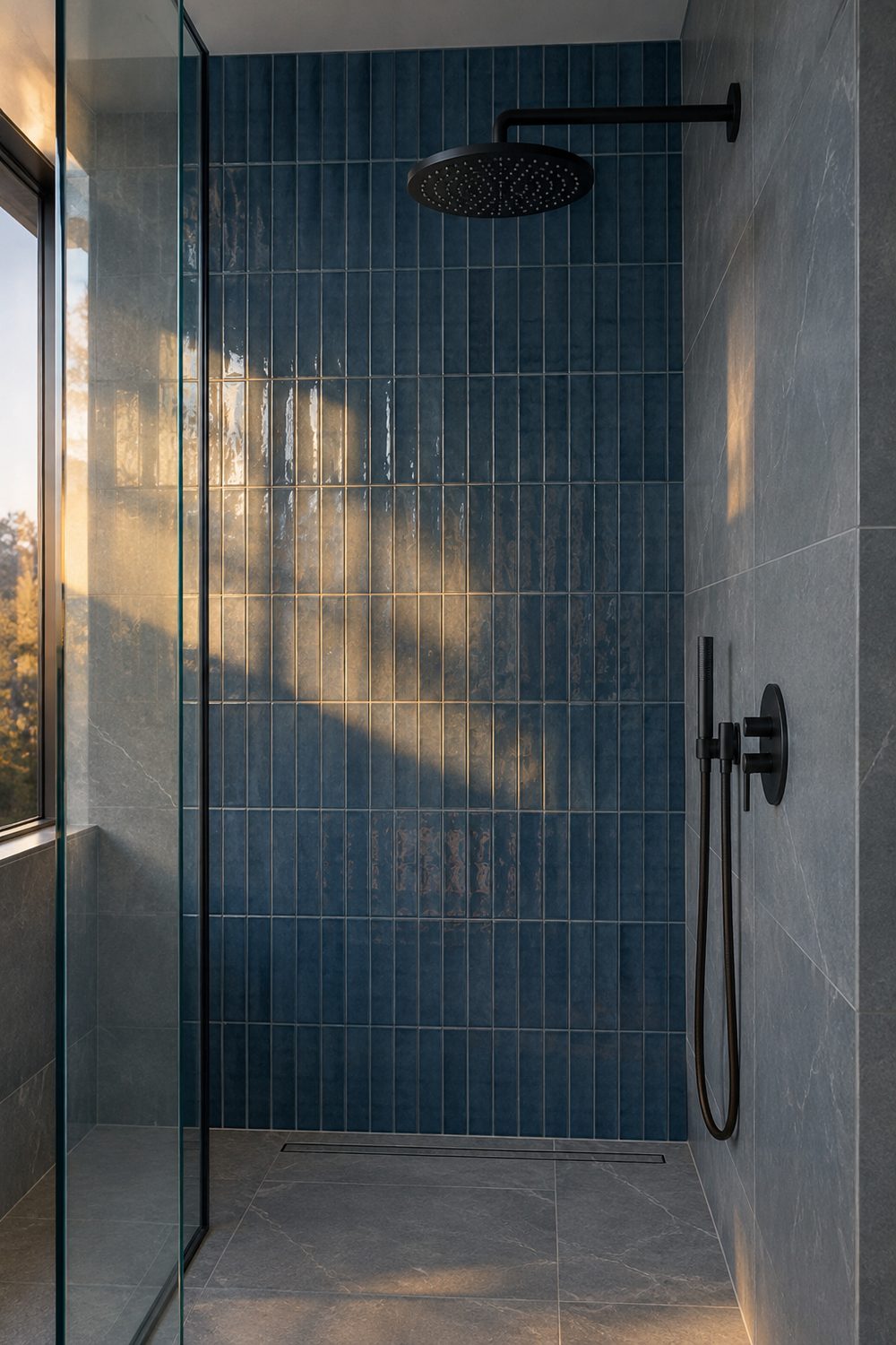 Walk-in shower with slate blue glass tile on the back wall, grey porcelain side walls and a matte black rain shower head