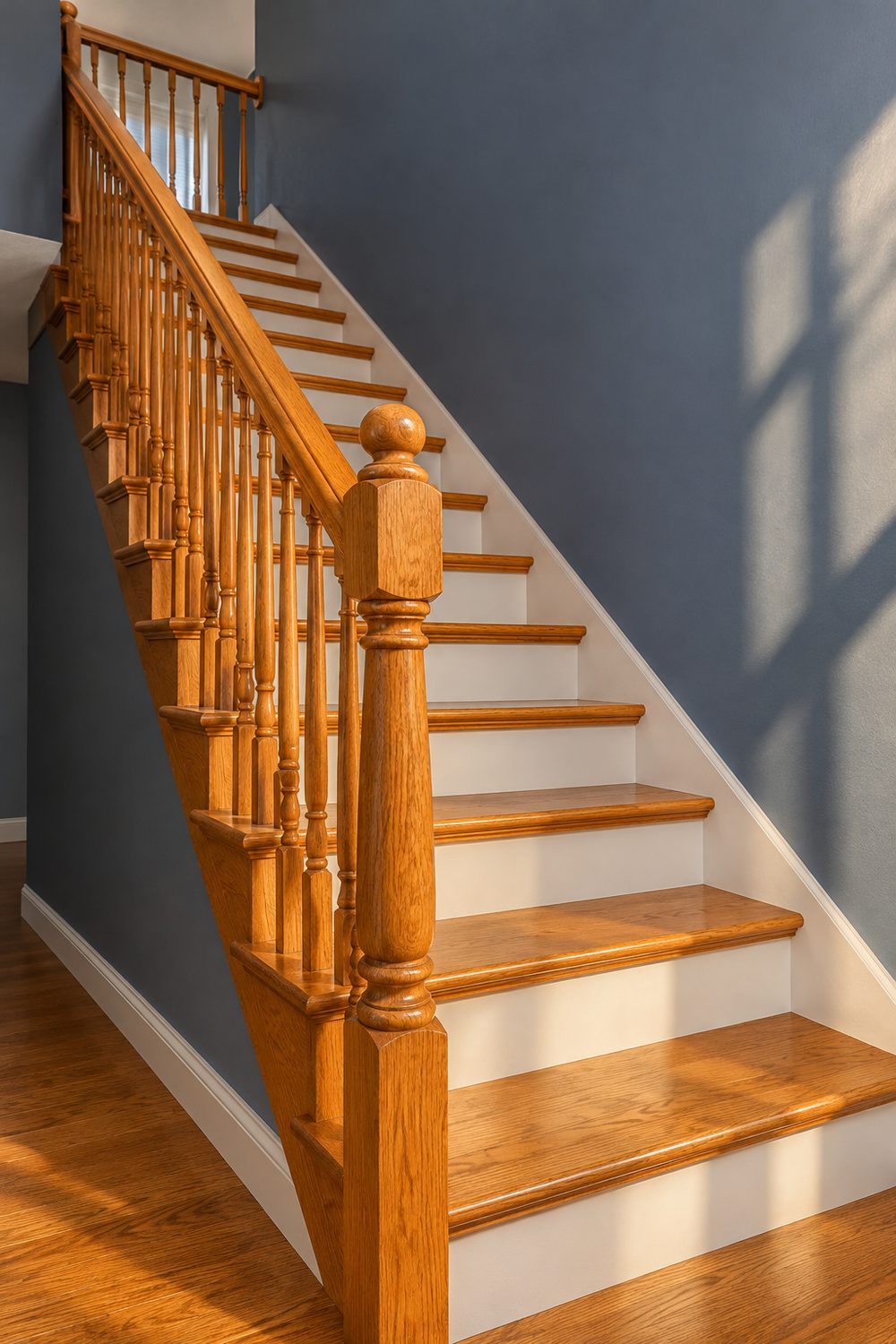 Stairway with an orange oak handrail, newel post and treads against muted slate blue painted walls and white risers