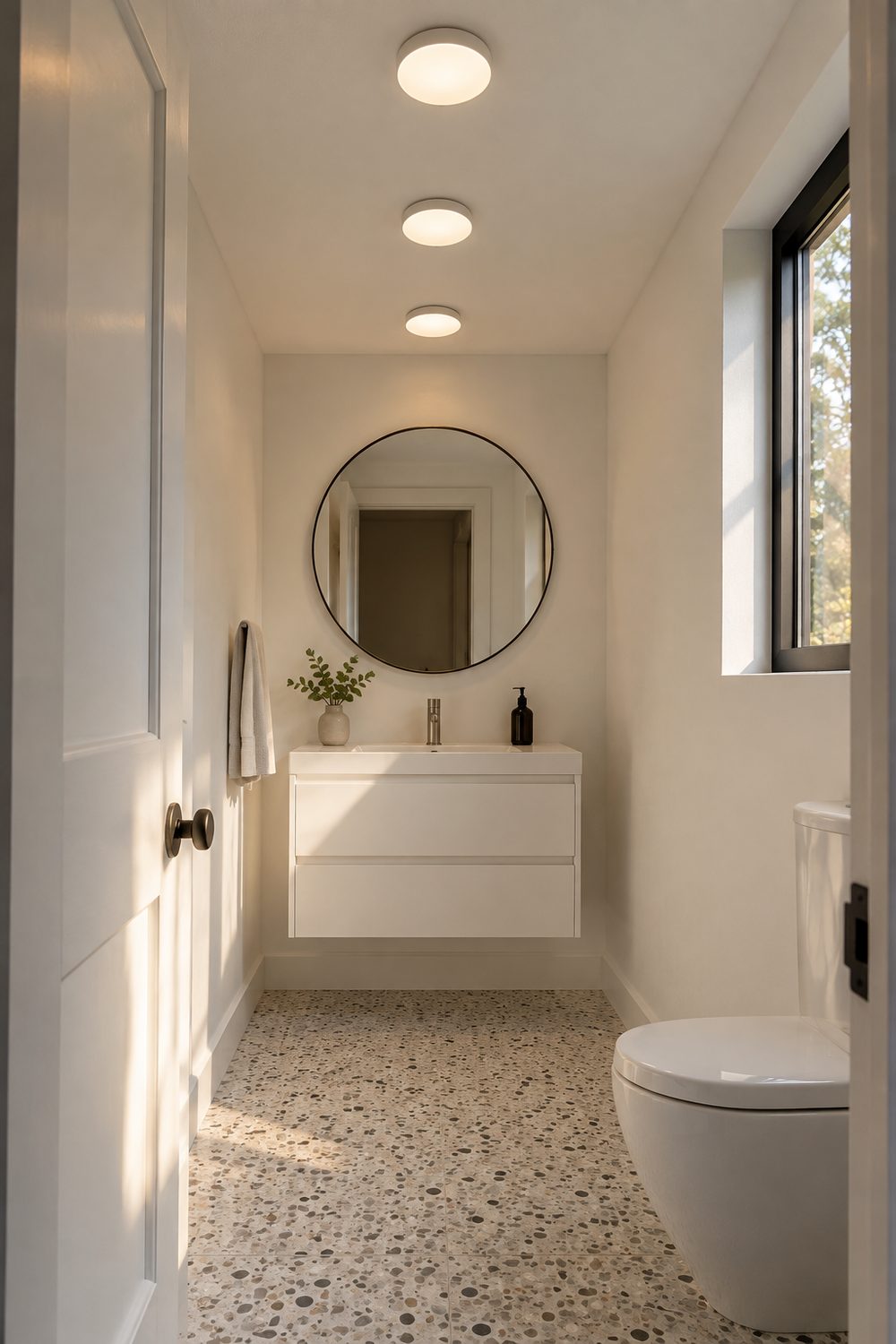 Small guest bathroom with three slim white LED disc lights in a line on the low ceiling above terrazzo floor and a white vanity