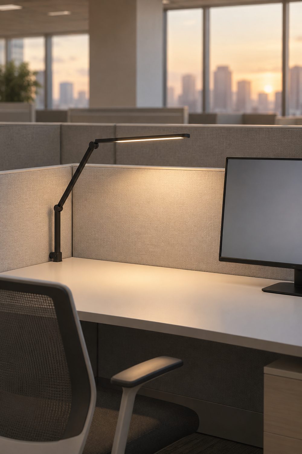 Slim black LED desk lamp with a thin arm lighting a white desk inside an office cubicle, monitor to the right