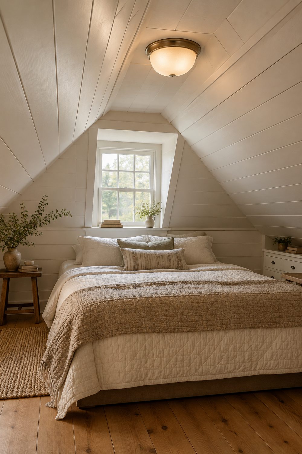 Frosted glass dome flush mount light on the slope near the peak of an attic bedroom with white shiplap ceilings and a dormer