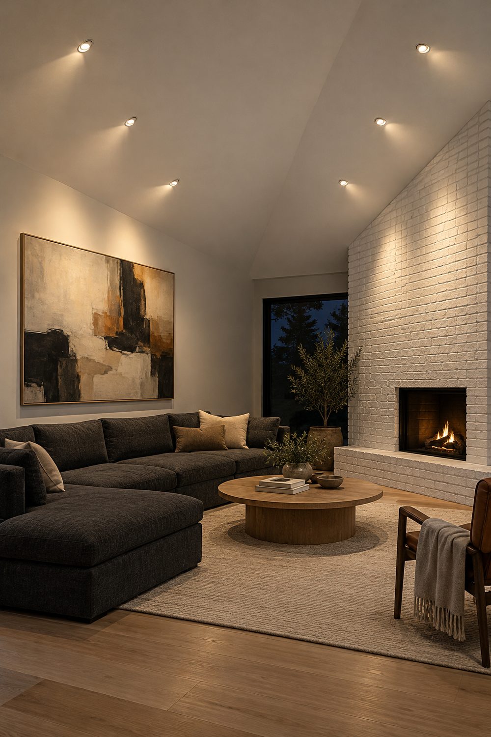 Six small recessed lights with gimbal trims on a sloped white ceiling, angled to wash an abstract painting and white brick fireplace