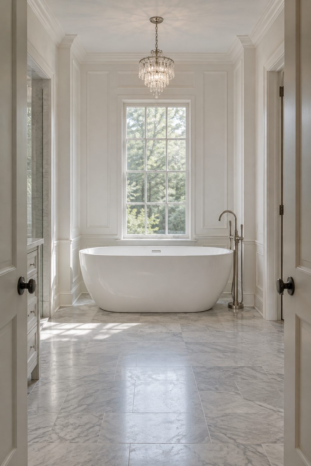 Small crystal chandelier hanging above a white freestanding soaking tub in a paneled niche with a polished nickel tub filler