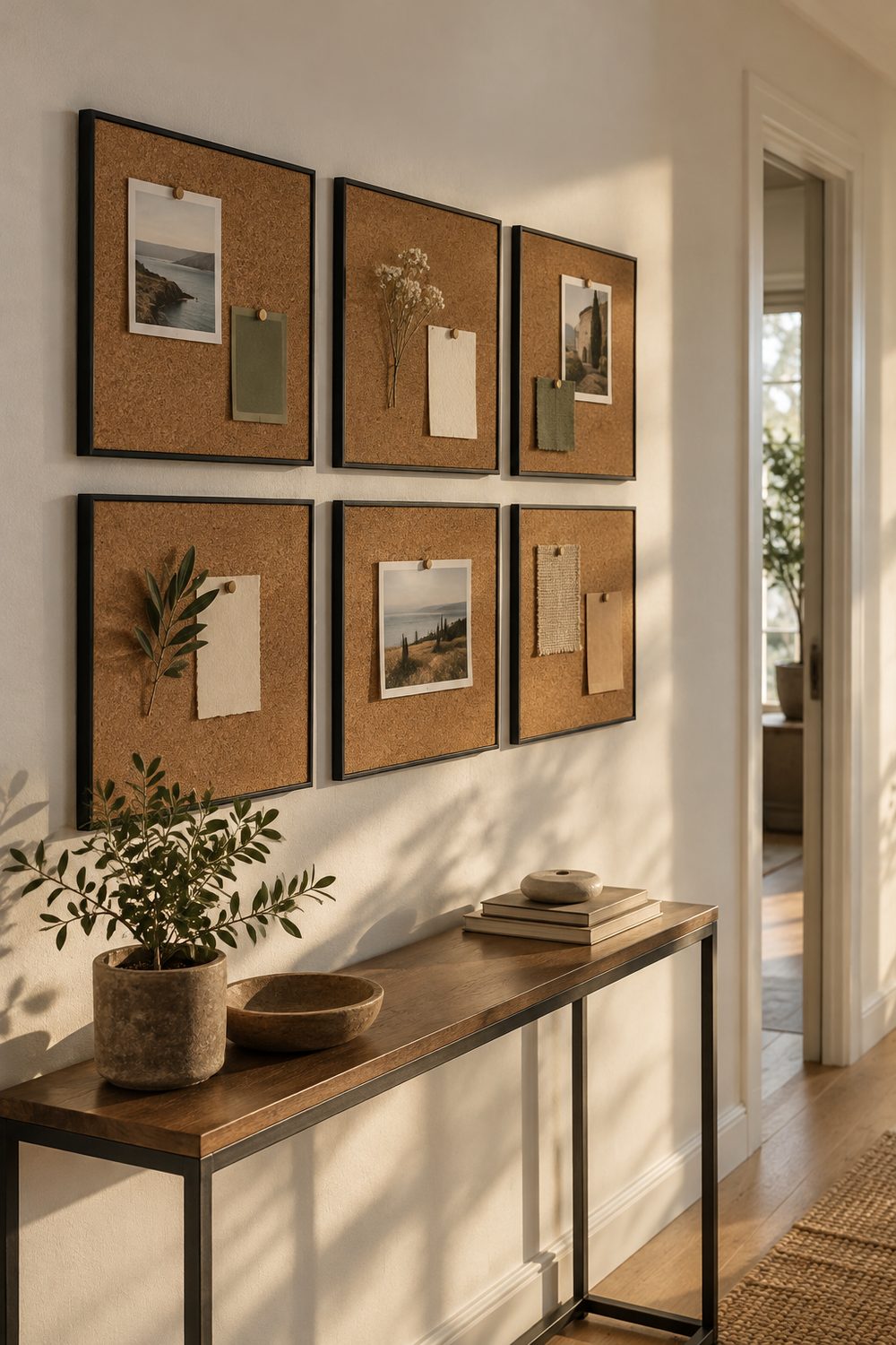 Six small square cork boards in identical black frames arranged in a tidy three by two grid on a white hallway wall