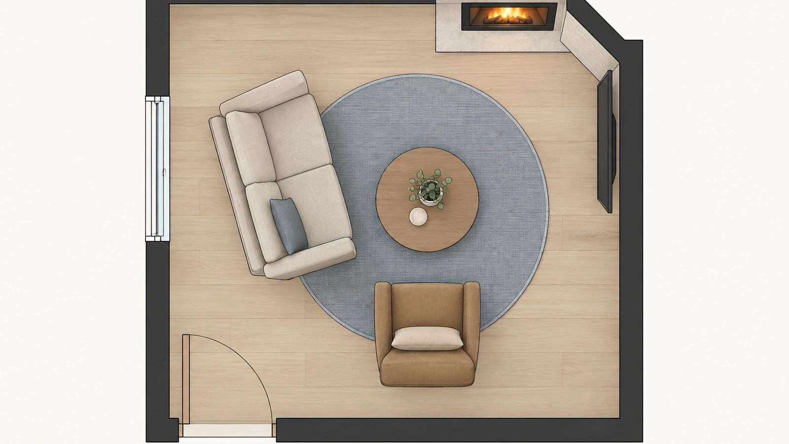 Top down floor plan of a small living room with the fireplace and TV meeting at one corner, a loveseat and a round table