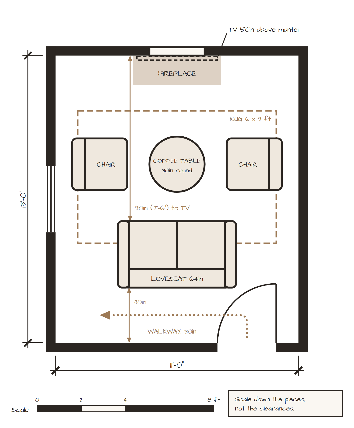 Small living room layout with fireplace floor plan: 11 x 13 ft room with a 64 inch loveseat, two small chairs and a 30 inch round coffee table facing the fireplace