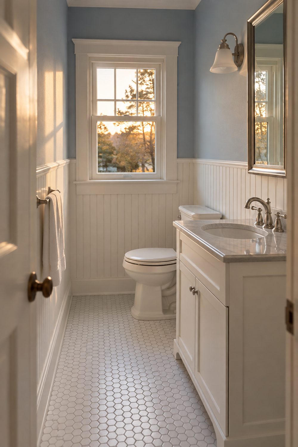 Small bathroom with white beadboard walls topped by a cap rail, soft blue paint above, a compact vanity and nickel mirror