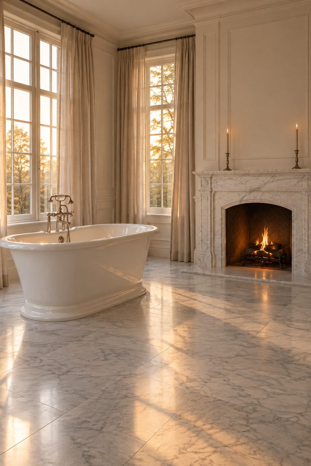White freestanding soaking tub beside a carved white marble fireplace with a low fire in a large traditional bathroom