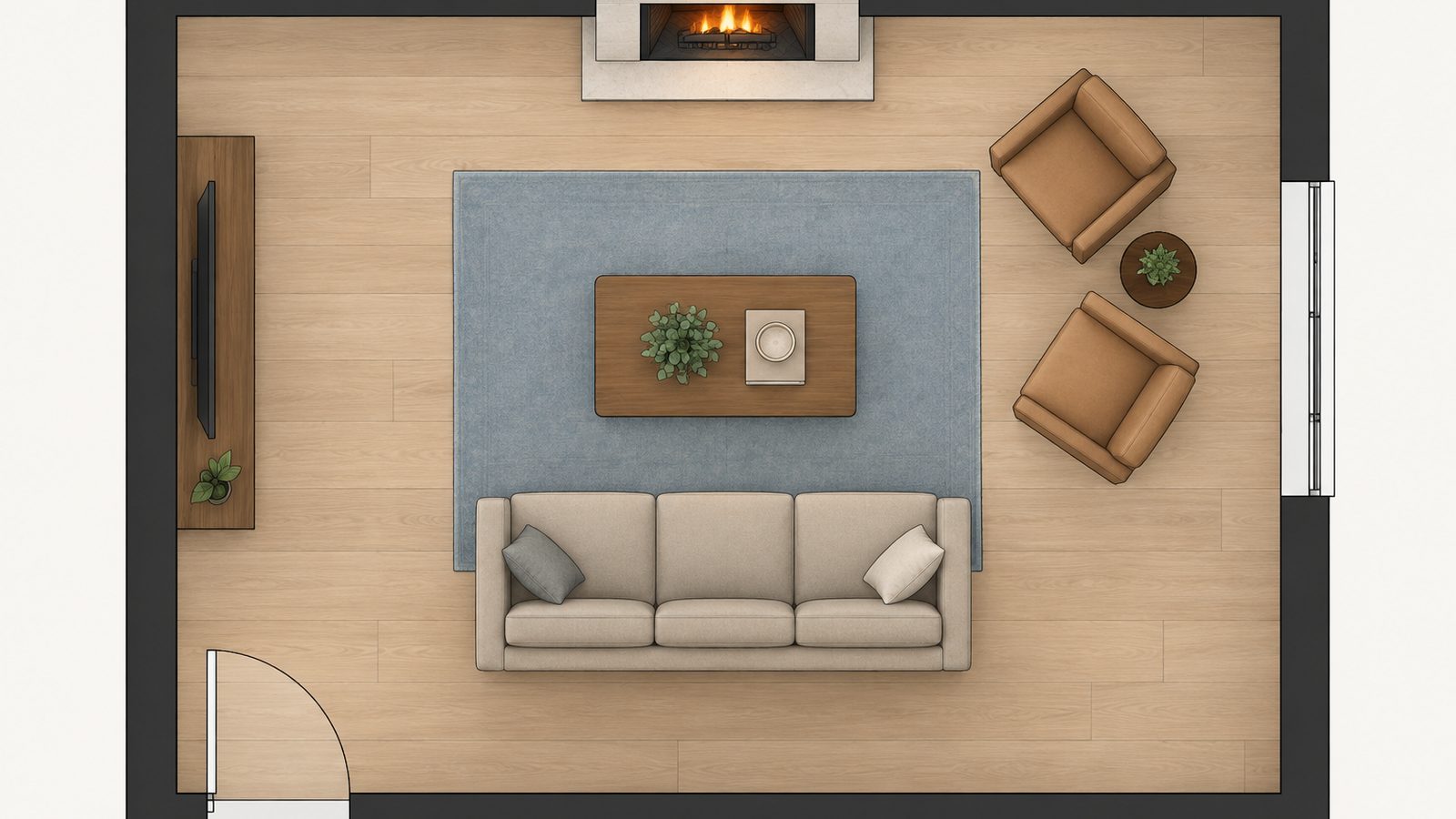Top down floor plan of a sofa facing a centered fireplace with the TV on a slim console on the left side wall