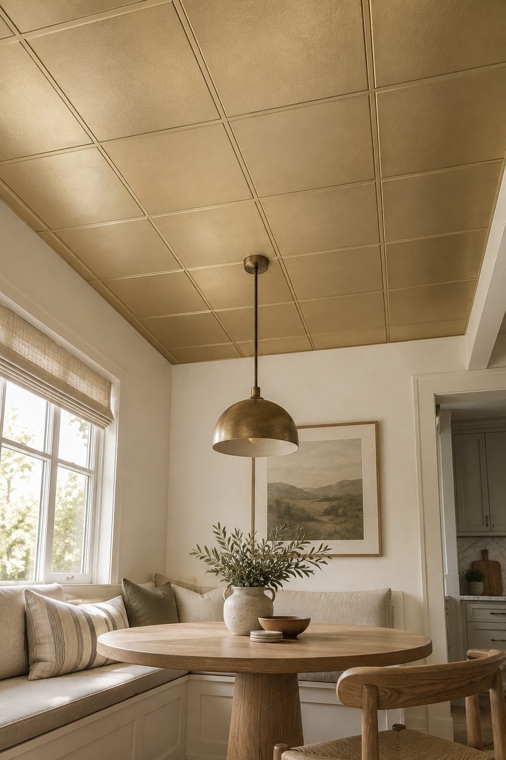 Breakfast nook with muted champagne gold painted ceiling tiles, cream walls, built in bench, round oak table and a simple brass pendant
