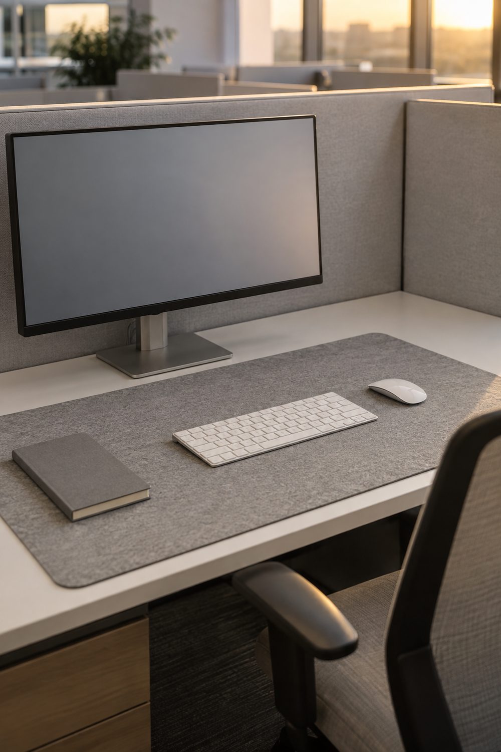 Soft grey felt desk pad on a white cubicle desk holding a white keyboard, white mouse and one closed grey notebook