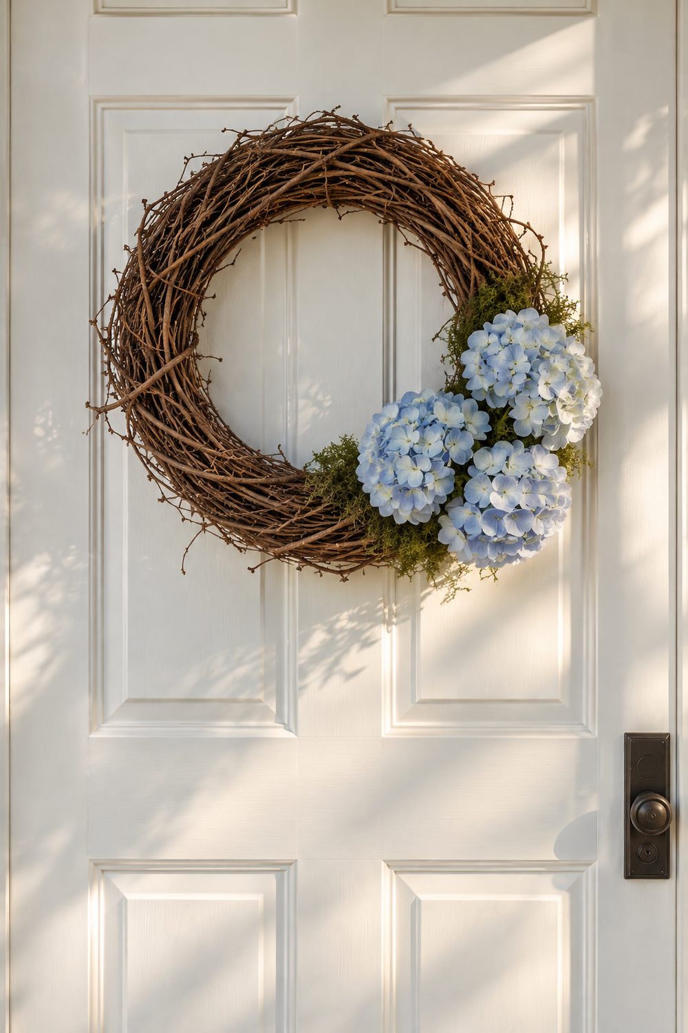 Grapevine wreath with three pale blue hydrangea blooms and green moss on a white paneled front door