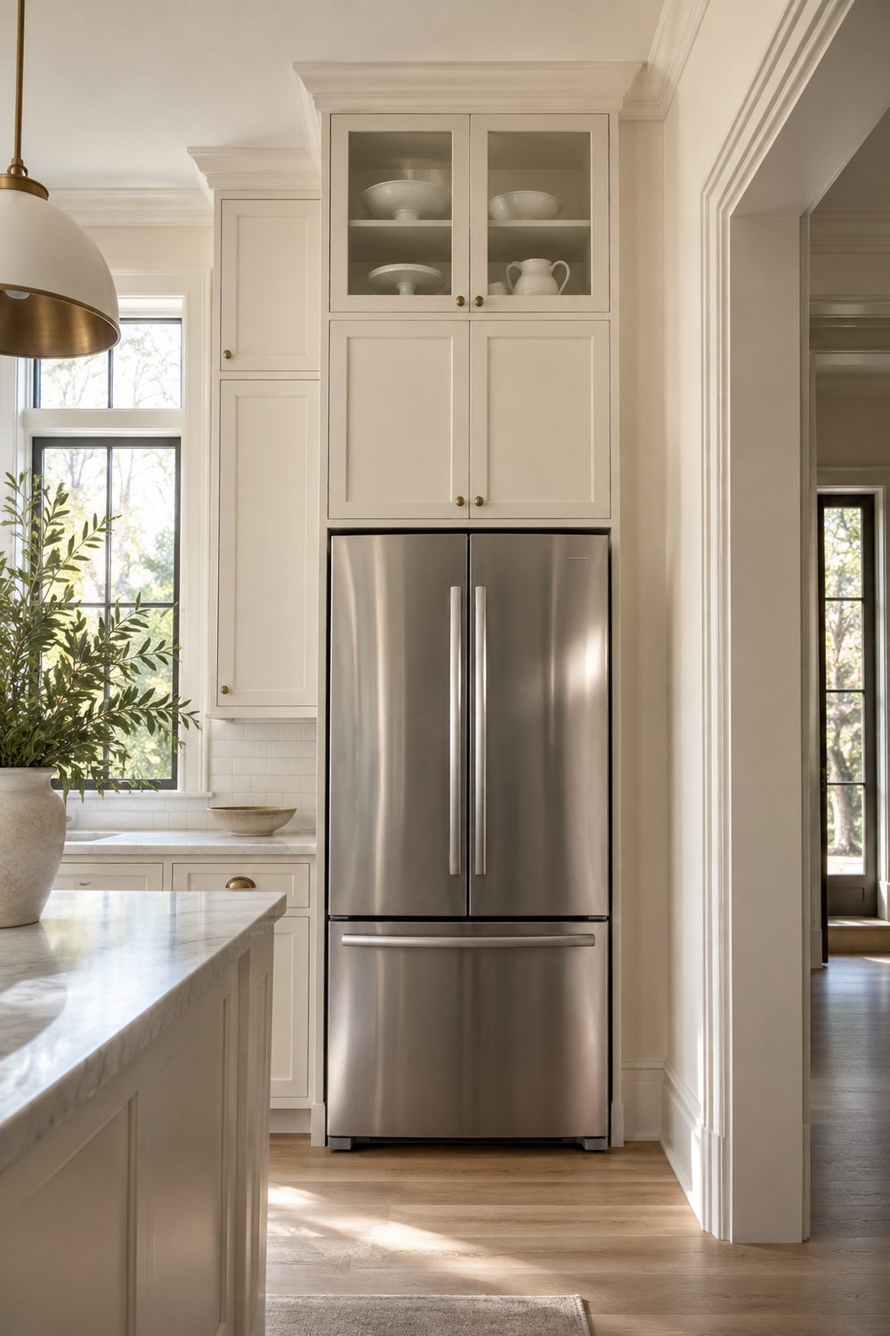 Two stacked warm white cabinets with glass doors on top running to the ceiling above a stainless refrigerator