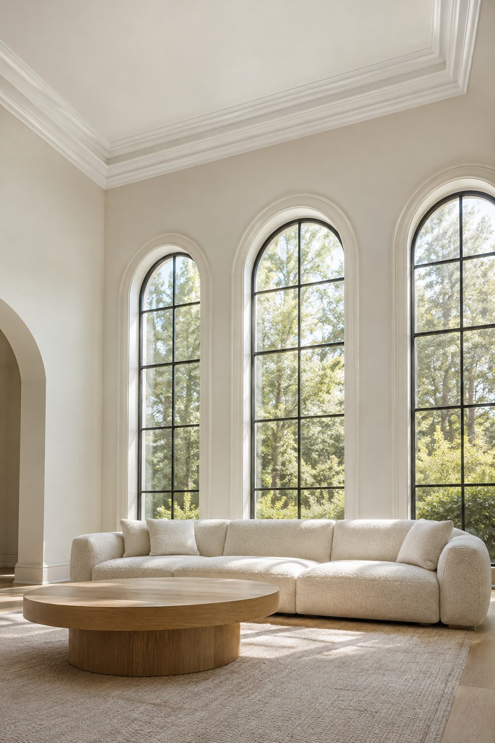 Great room with 12 foot ceilings and a deep white stacked crown molding of three layered profiles above tall arched windows
