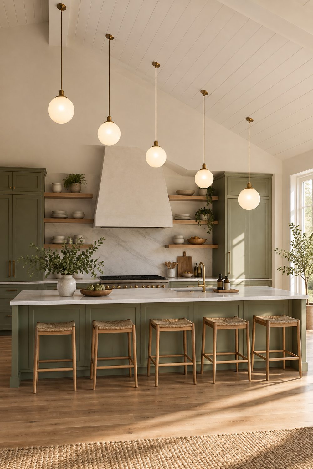 Five opal glass globe pendants hanging at staggered heights over a sage green kitchen island under a sloped white vaulted ceiling