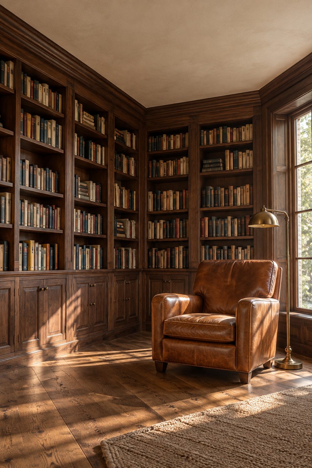 Home library with walnut built-in bookcases, matching stained wood crown molding, cream plaster ceiling and a cognac leather reading chair