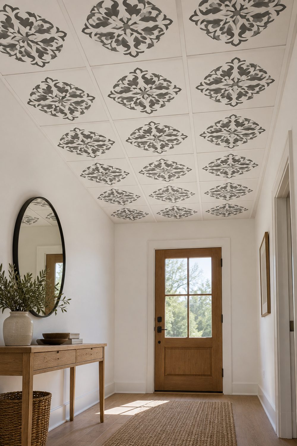 Small entryway with white ceiling tiles each stenciled with a charcoal Moroccan medallion, white walls, oak console and round mirror
