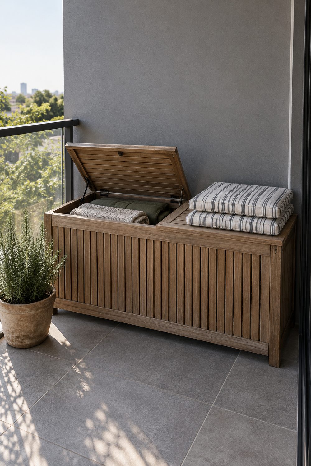 Slatted teak storage bench with half open lid showing cushions inside against the wall of a small balcony