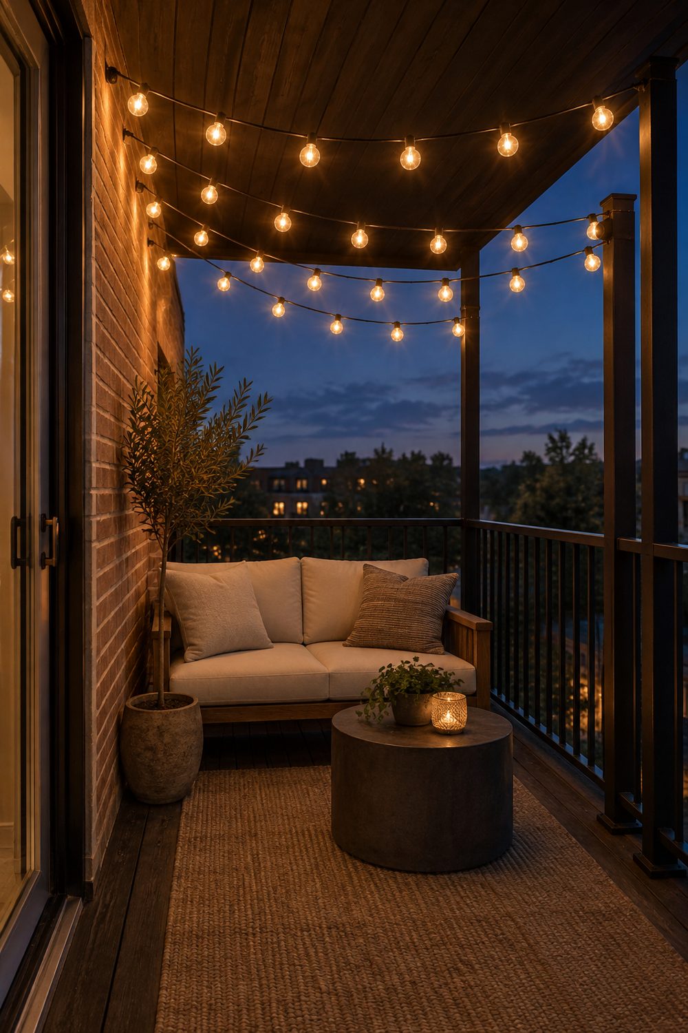 Warm white globe string lights strung in swags above a small balcony sofa at dusk with a brick wall behind