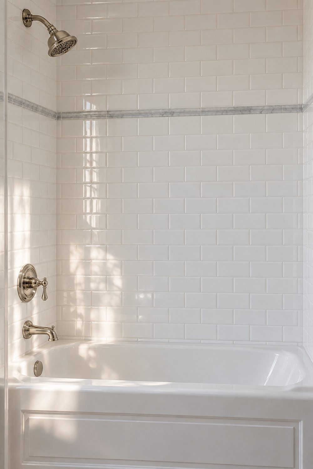 White subway tile tub wall in running bond with one gray marble pencil liner, a white alcove tub and nickel tub filler