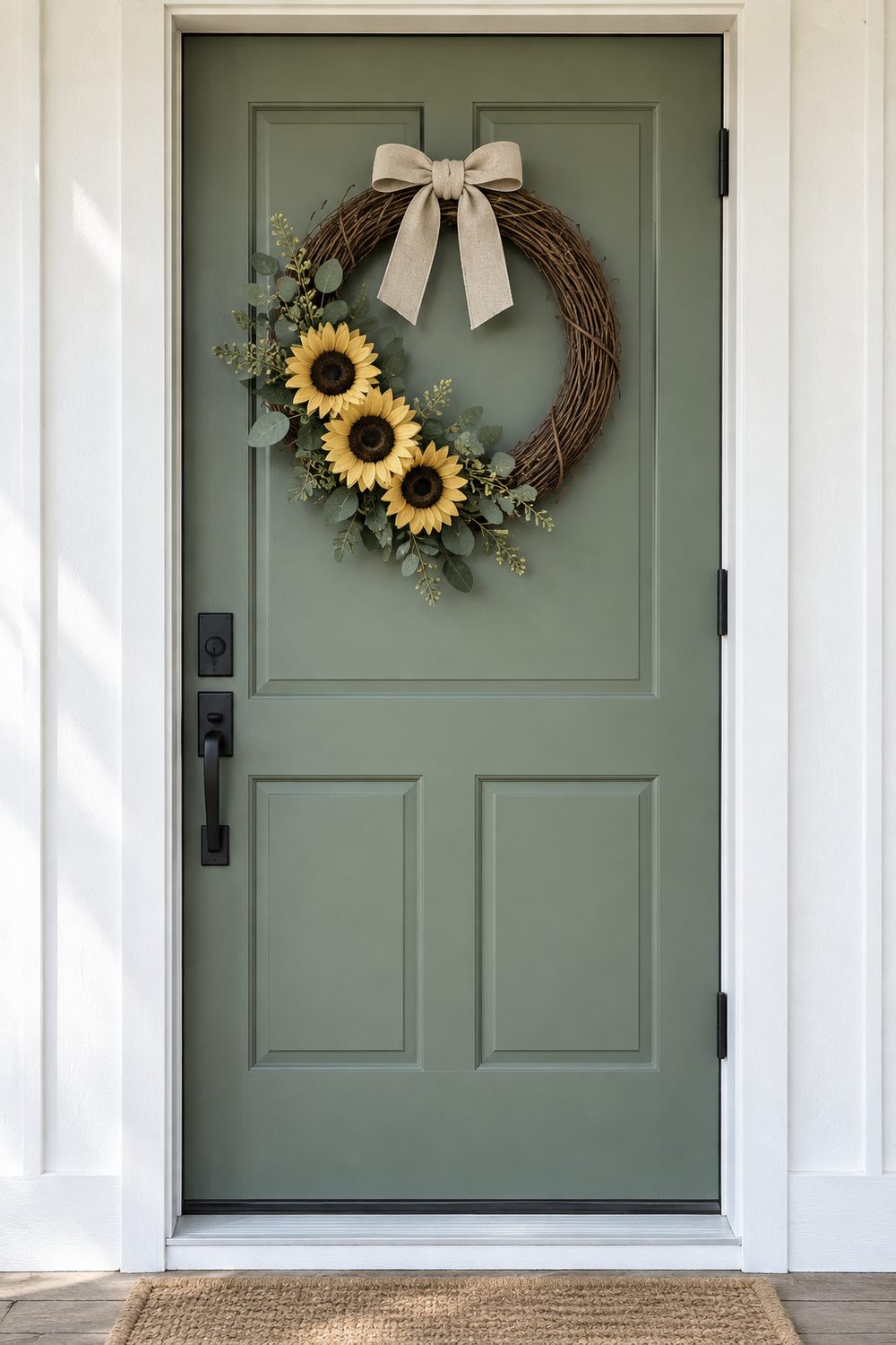 Grapevine wreath with three angled sunflowers, seeded eucalyptus and a linen tie on a sage green cottage door