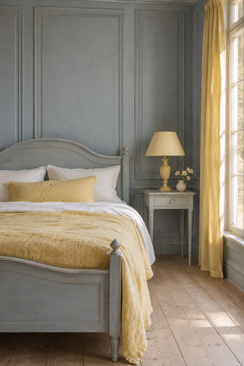 Swedish Gustavian bedroom with grey blue paneled walls, painted wooden bed, faded yellow linen coverlet, pale yellow lamp