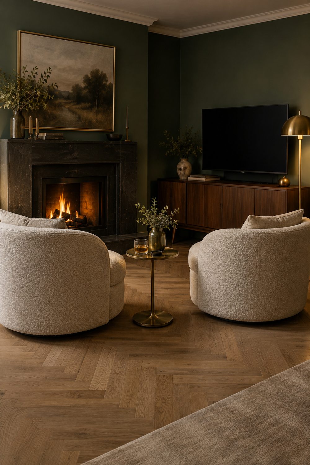 Two cream boucle swivel chairs with a brass side table, one facing a slate fireplace and one facing a TV on the side wall