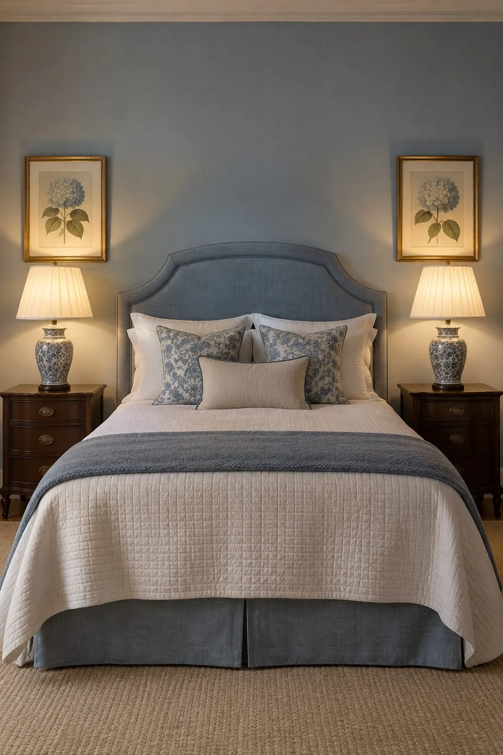 Symmetrical bed wall with two matching mahogany nightstands, matching ceramic lamps with pleated shades and soft blue walls
