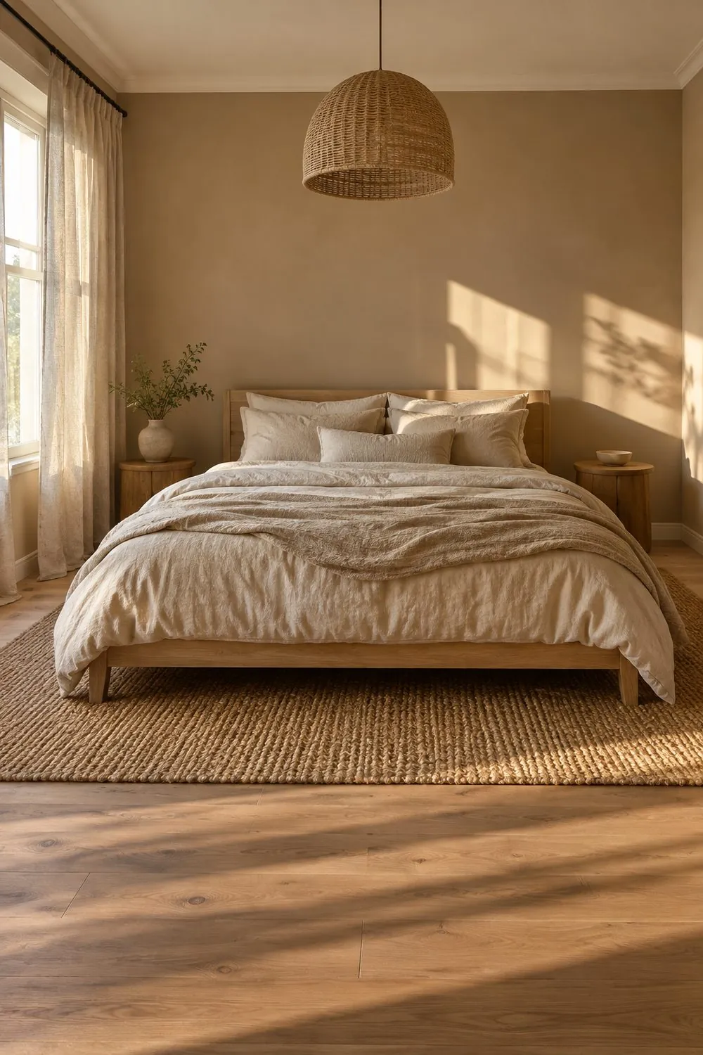 Bedroom with tan walls, a light oak bed with layered tan and oatmeal linen bedding, a jute rug and sheer linen curtains