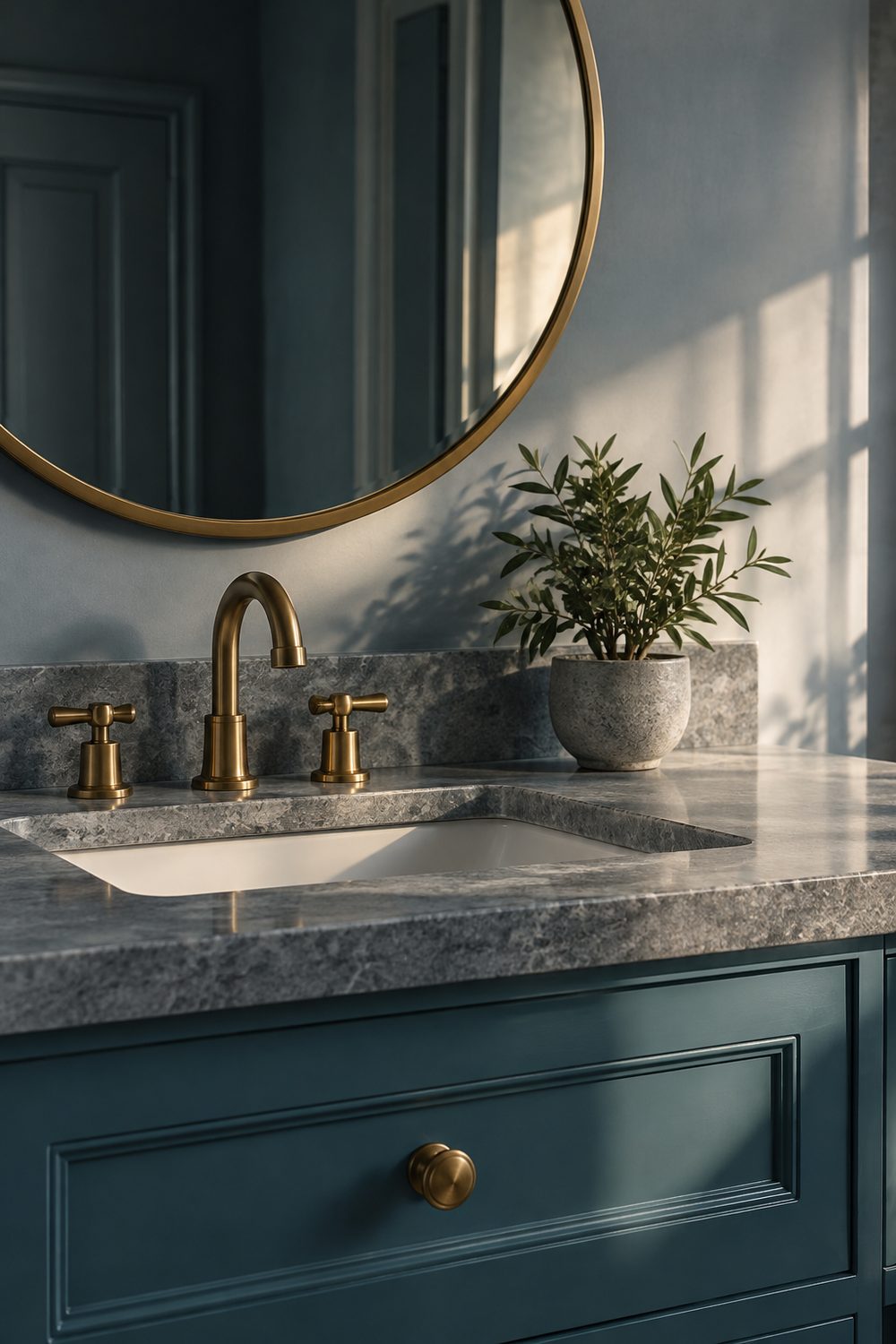Teal bathroom vanity with a grey stone top, brushed brass faucet and brass-framed round mirror on a grey wall
