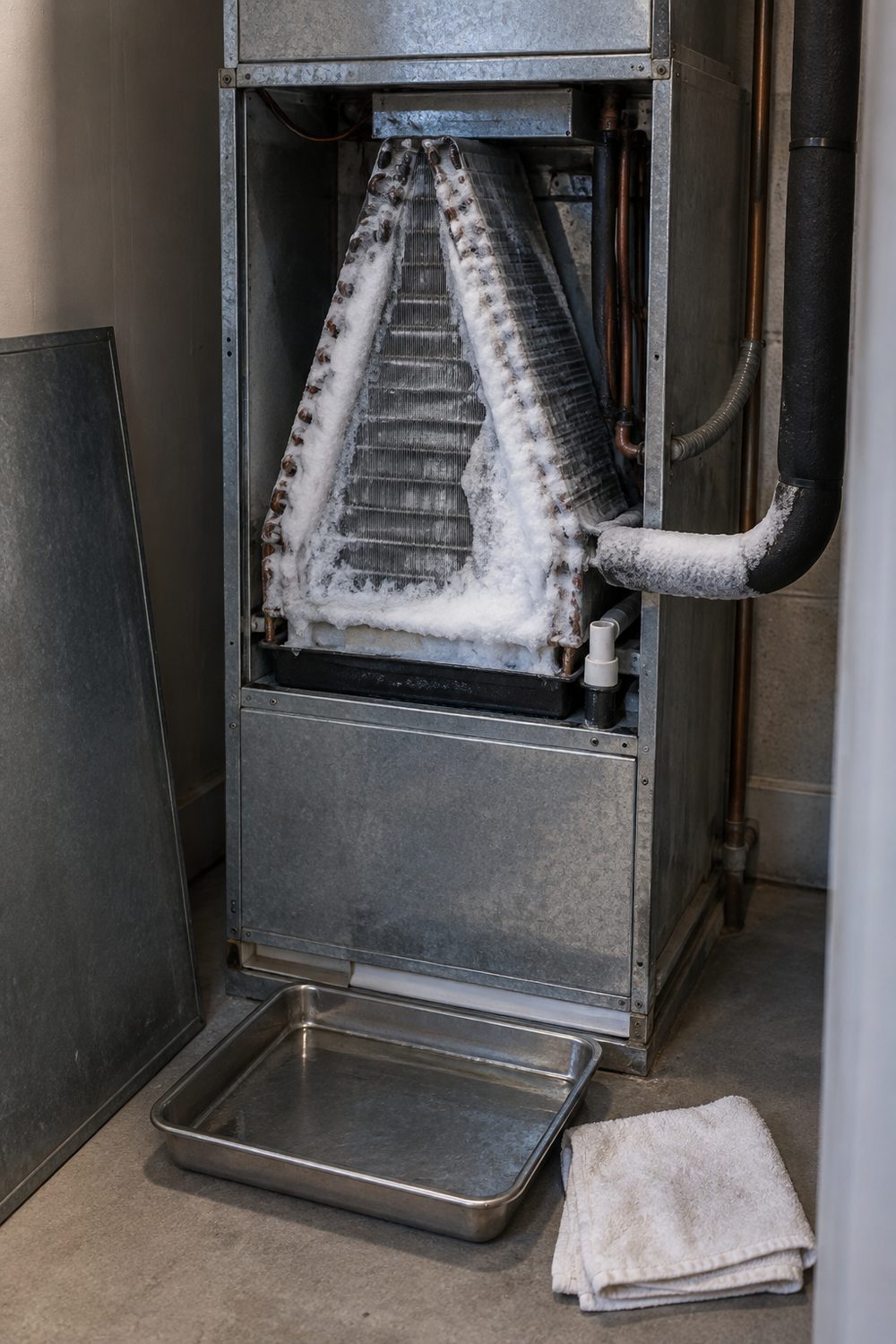 Indoor air handler with its panel removed showing an evaporator coil covered in frost, frosted copper line, metal pan and towel on the floor