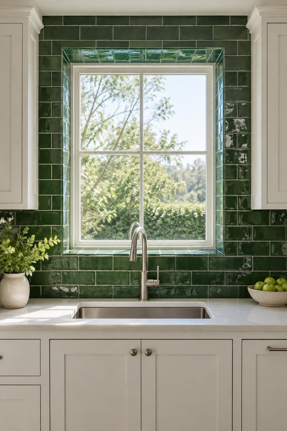 Glossy deep green tile wrapping a kitchen window and its returns above the sink, white cabinets and white counters
