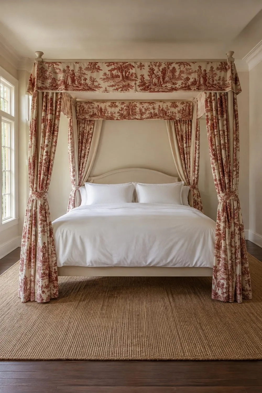Canopy bed with a cream painted frame hung with red and cream toile fabric panels and valance, white bedding, cream walls