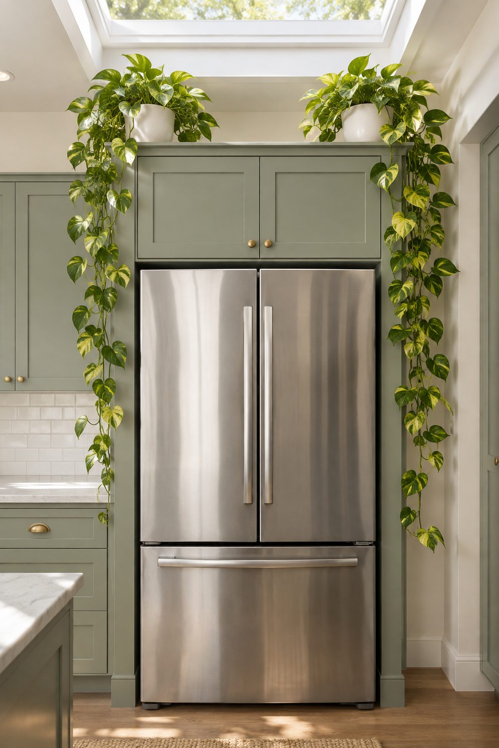 Two pothos plants trailing down from the cabinet above a stainless refrigerator in a bright sage green kitchen